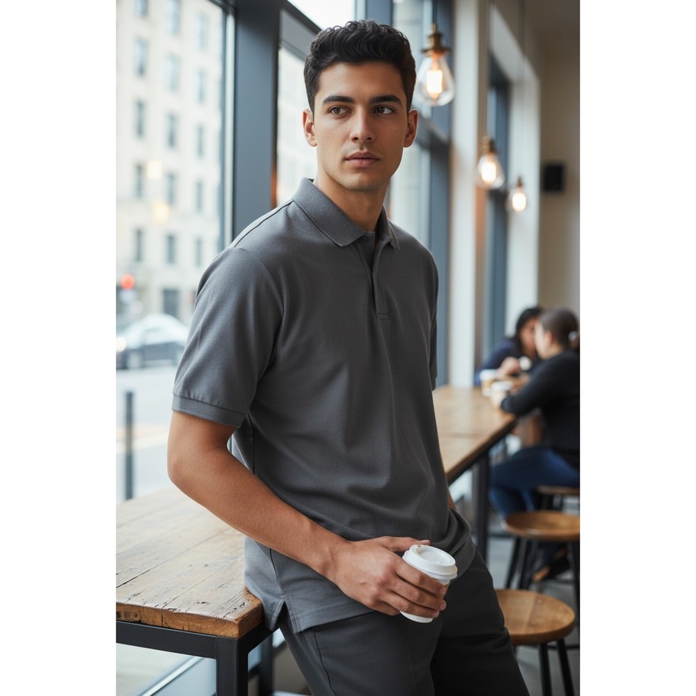 Devon & Jones Mens Charcoal Grey Pique Knit Polo Shirt Short Sleeve Size Large